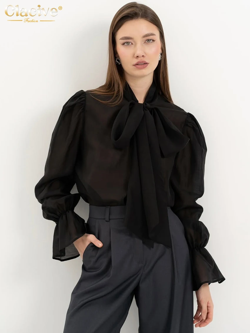Clacive Sexy Loose White Women's Shirt 2026 Fashion Bow Collar Long Sleeve Shirts Elegant See Through Solid Top Female Clothing