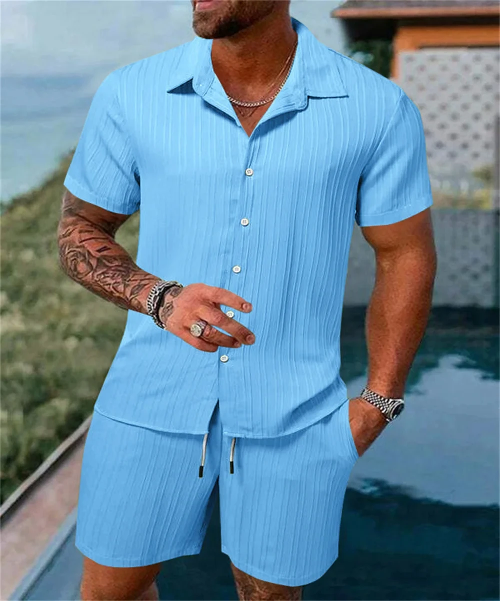 Men\'s Solid Color Loose Short Sleeve Shorts Suit Sports Striped Fitness Casual Top Beach Shorts Men\'s Suit Summer Fashion Trend