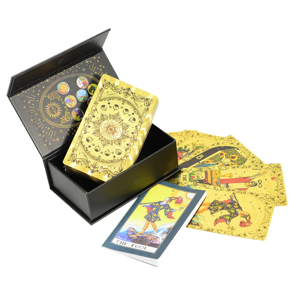 

12x7 см карты Таро из золотой фольги с путеводителем, водонепроницаемая классическая колода карт Таро ожидания, загадочные настольные игры, гадальные карты