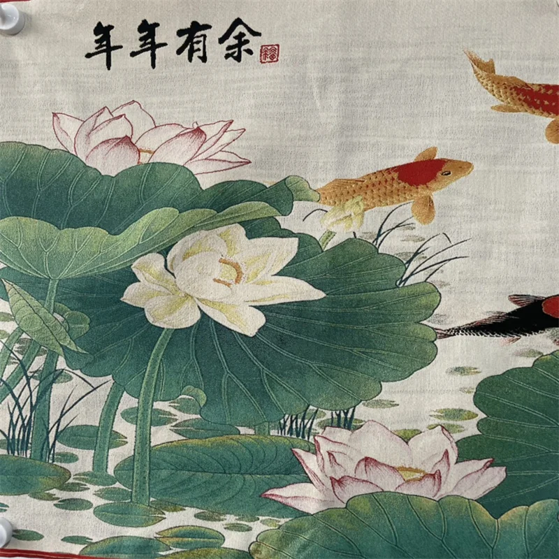 Chinese Old Color Brocade Embroidery Artwork Lotus Crane Fish Pattern Decorative Painting Home Decor Piece