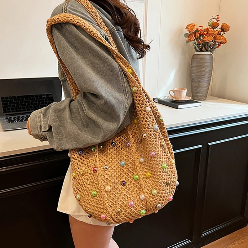 Woven Beaded Casual Women's Shoulder Bag New Fashionable and Versatile Large Capacity Tote Bag Shopping Handbag