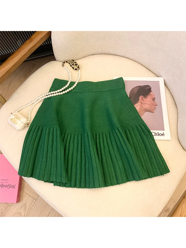 Summer Women Korean Fashion Cute Core Mini Solid Color Knit Pleated Skirt Gyaru 2000s Aesthetic A-line Retro Kpop Vintage Tide