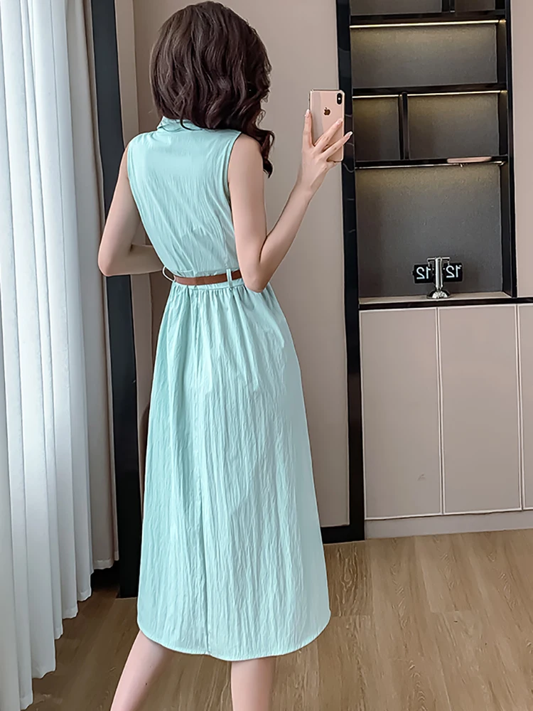 Frauen blau schicke Bandage Bodycon langes Kleid Sommer ärmellose Polo Kragen Hemd Kleid 2024 koreanische elegante lässige Urlaubs kleider