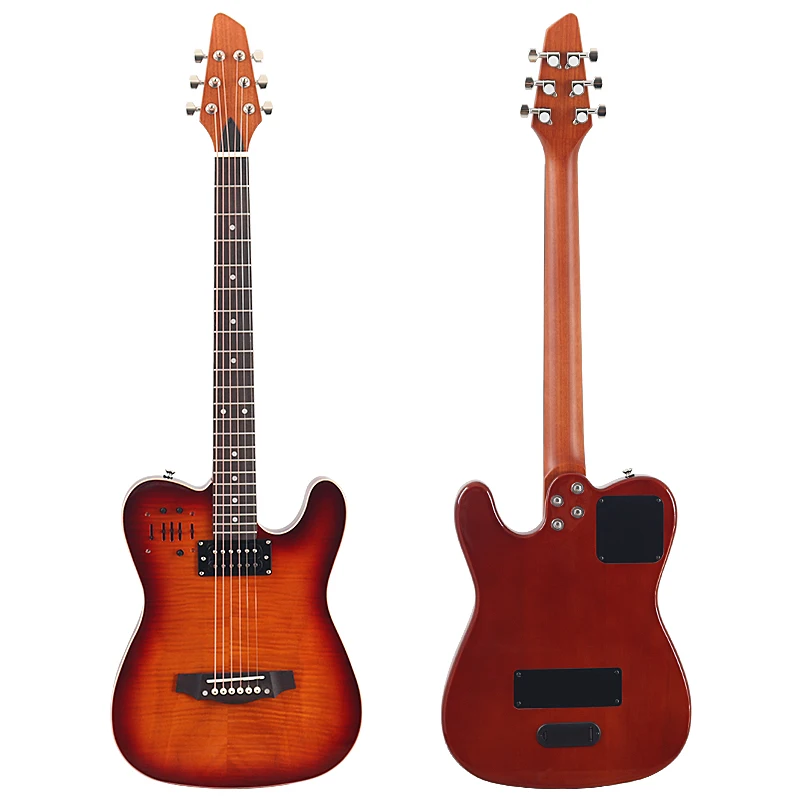 Guitarra silenciosa de 6 cuerdas, Guitarra eléctrica acústica de 39 pulgadas, Guitarra eléctrica acústica universal, tapa de arce flameado, Guitarra de alto brillo