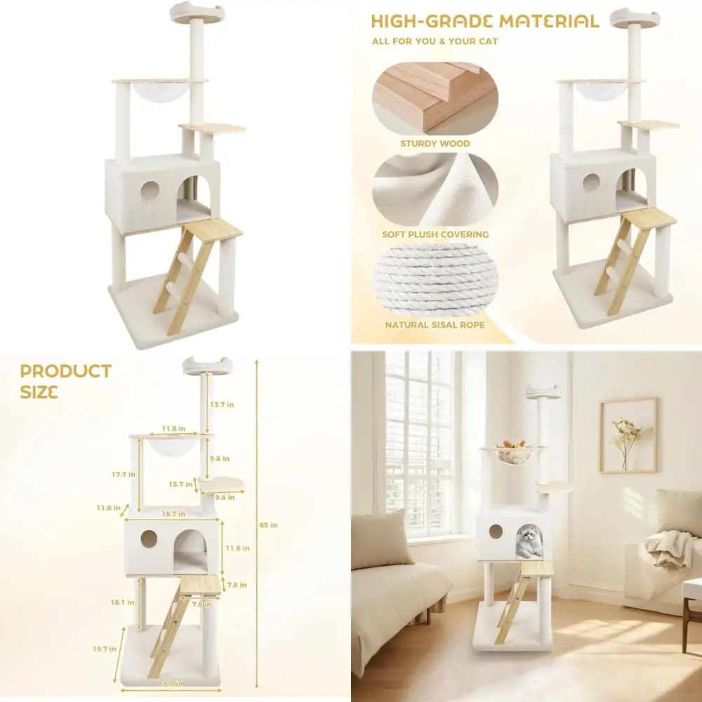 

Прочная деревянная лежанка-башня для кошек (до 9 кг) с домиком, сизалевыми когтеточками, плюшевыми площадками и гамаком, белая