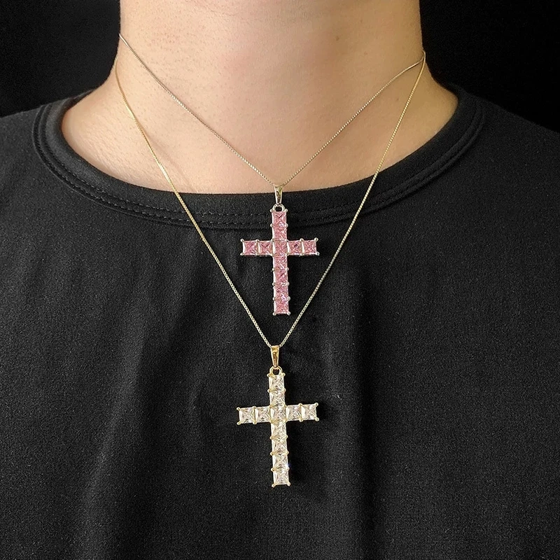 Christian Cross Women's Neck Chain Hippie Men Necklace Jewelry Pink Cubic Zirconia Iced Out Pendants Gold Color Choker KBN406