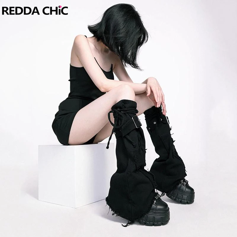 REDDACHiC Grunge Y2k Punk Cross Denim Leg Warmers for Women Solid Black Knee-high Bandage Belts Acubi Fashion Women's Gaiter