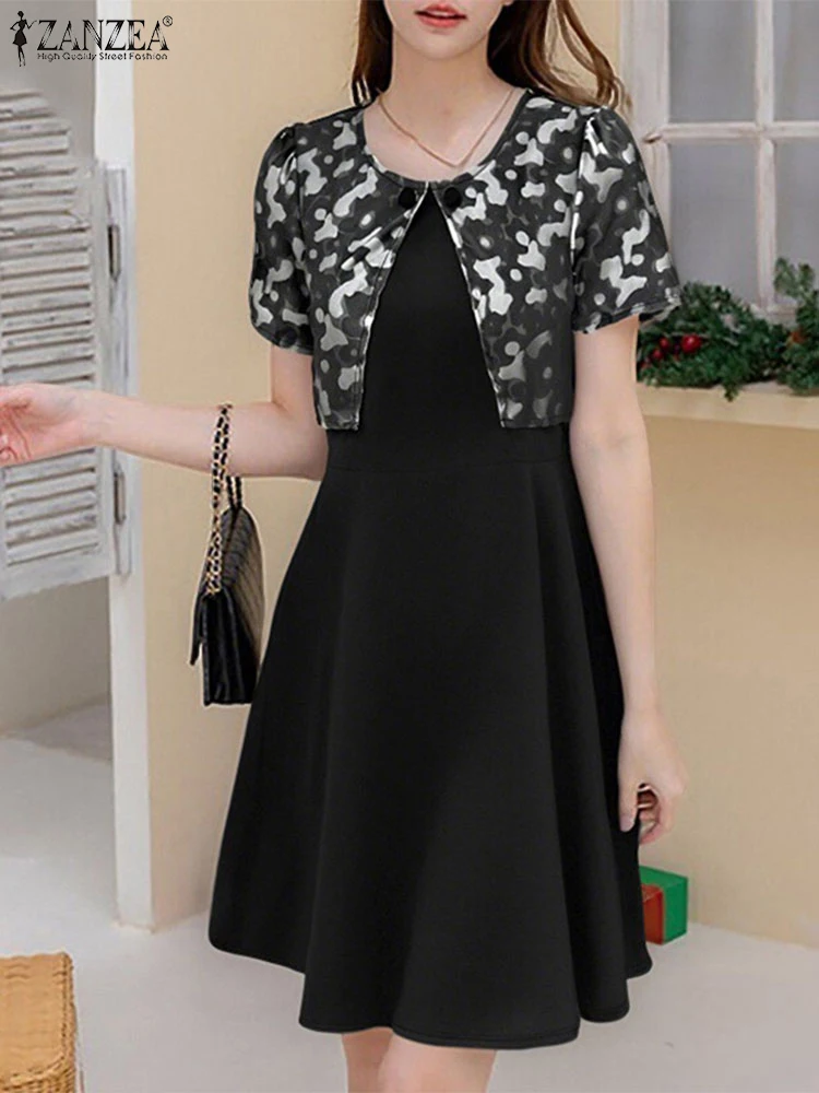 Vintage Printed Dress Women Short Sleeve Midi Sundress Elegant OL Work Vestidos ZANZEA 2025 A-Line Casual Robe Fake 2PCS