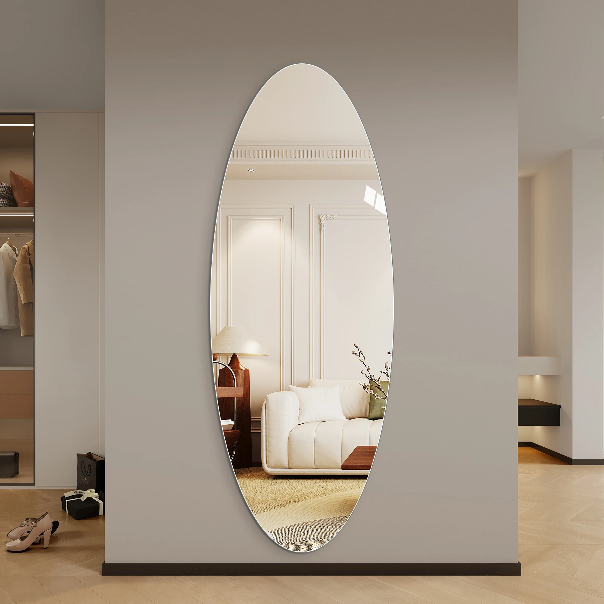65x24 Inch Oval Full Length Wall Mirror, 5mm Copper-Free Silver Glass Shatterproof Vanity Mirror, HD Anti-Oxidation Hanging Dressing Mirror for Bedroom Entryway Salon