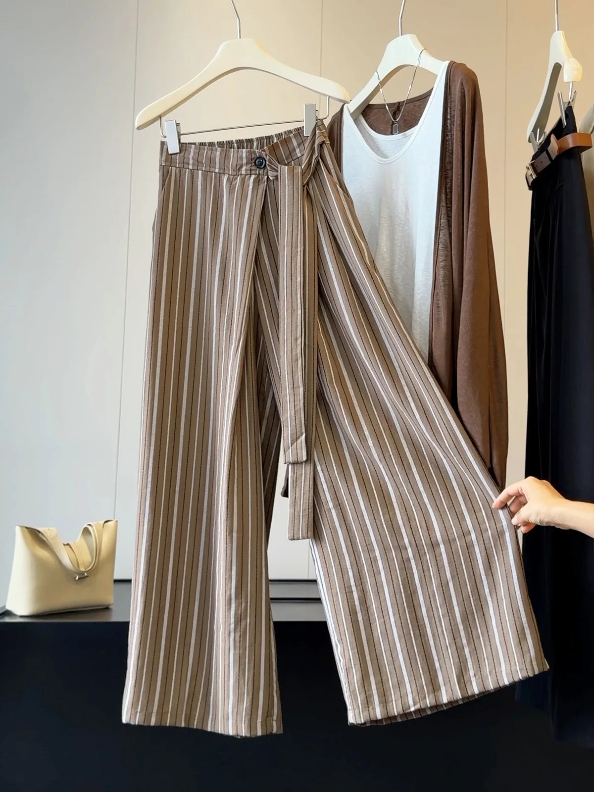 Vintage Coffee Striped Wrap-front Wide Leg Pants High Waist Belted Casual Linen Blend Trousers For Women Ankle-length Pants