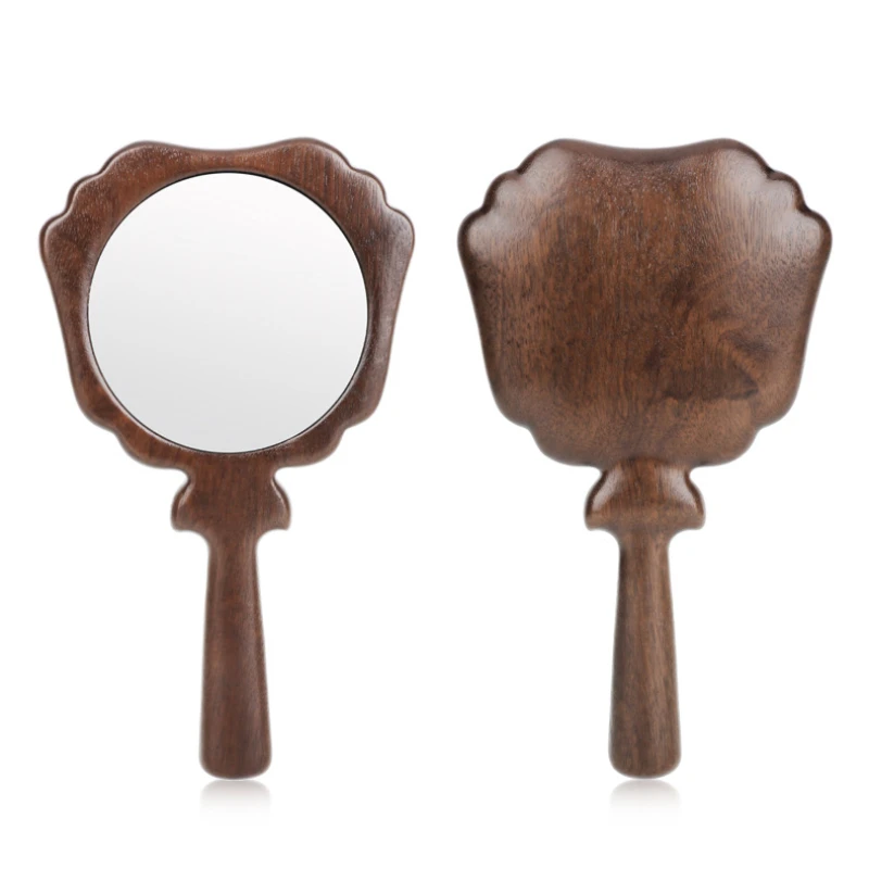 Natural Sandalwood Handle Mirror Cosmetic Beauty Salon Round Retro Mirror Vintage Style Wooden Princess Mirror Portable