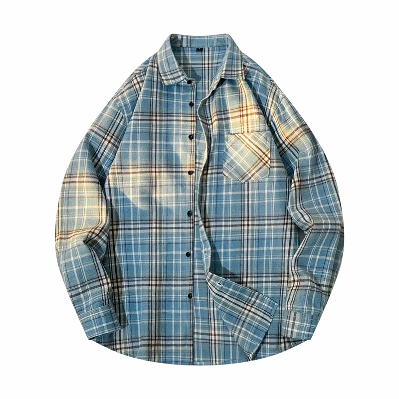 

New Arrival: Men's Blue Long-sleeve Button-down Shirt with Black-and-white Stripes, Available in Red and Yellow.