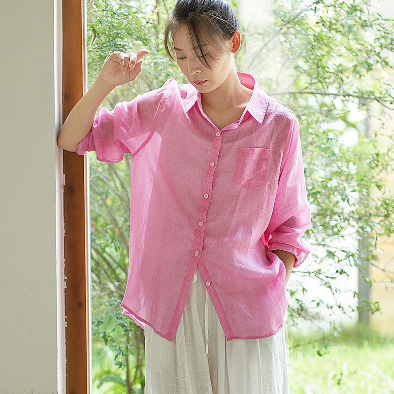 Women Long Sleeve Linen Shirt New Arrival 2025 Summer Simple Style Turn-down Collar Loose Female Casual Pink Tops Shirts M1835