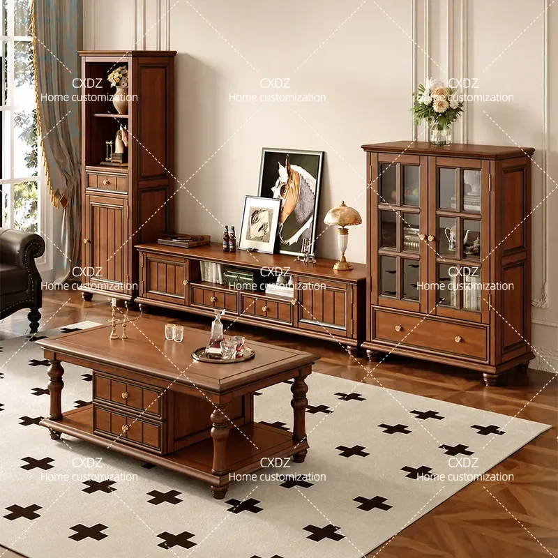 American Solid Wood TV Cabinet and Coffee Table Combo Retro Floor Storage Unit for Living Room Small Apartment Space Saving