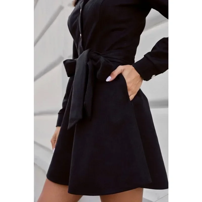 Mini abito da donna alla moda a maniche lunghe in tinta unita, casual, monopetto, con lacci, camicia sottile, streetwear