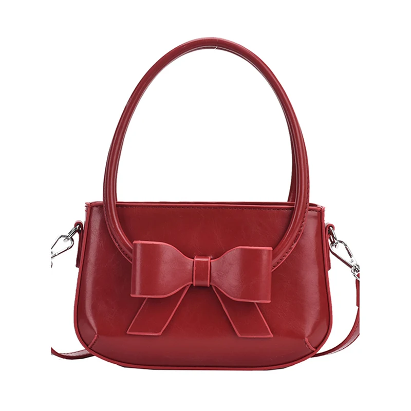 Fashion Bow Design Sense Handbag Casual All-match Red Shoulder Bag Women\'s New High Quality Color Contrast Commute Crossbody Bag