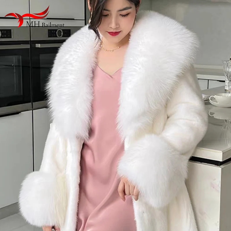 Large Winter Faux Fox Fur Scarf Women Jackets Warm Fluffy Shawl Fashion Artificial Fur Collar And Cuff Set Fluffy Scarves Female