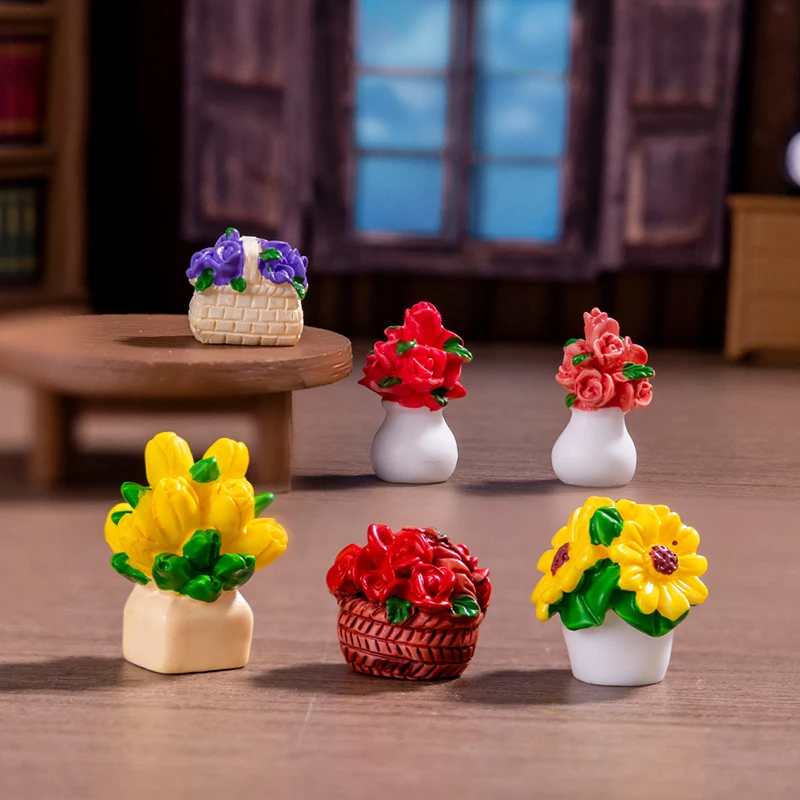 

1PC Desktop Car Decoration 1/12 Dollhouse Minature Plant Rose Tulip Flower Pot Furniture Models Home Decors DIY Accessories