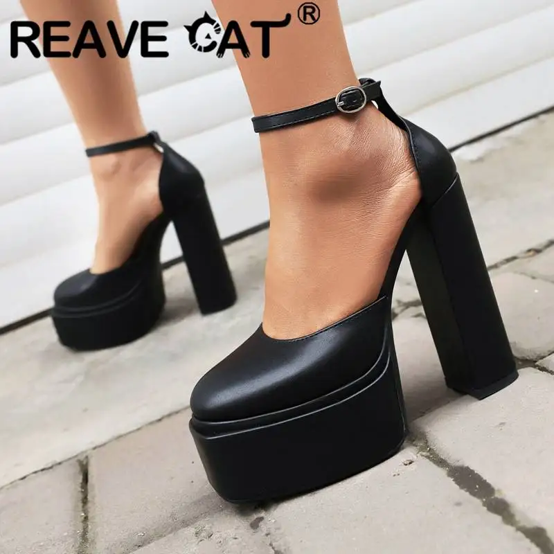 REAVE CAT Ladies Pumps Round Toe Chunky Heels 14.5cm Platform Hill 5cm Buckle Strap Sexy Wedding Female Shoes Plus Size 46 47 48