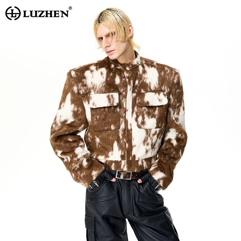 

LUZHEN 2025 New Winter Color Contrast Printed Stand Neck Fur Coat Men's Trendy Original Street Short Jacket Male Clothes JY4864
