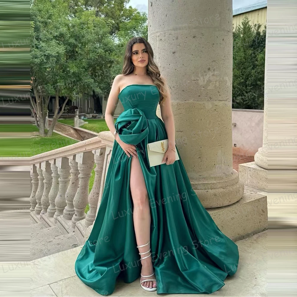 

Simple Green Evening Dresses A Line Woman's 3-D Flowers Sexy Strapless Sleeveless High Split Prom Gowns Party Vestido De Noche