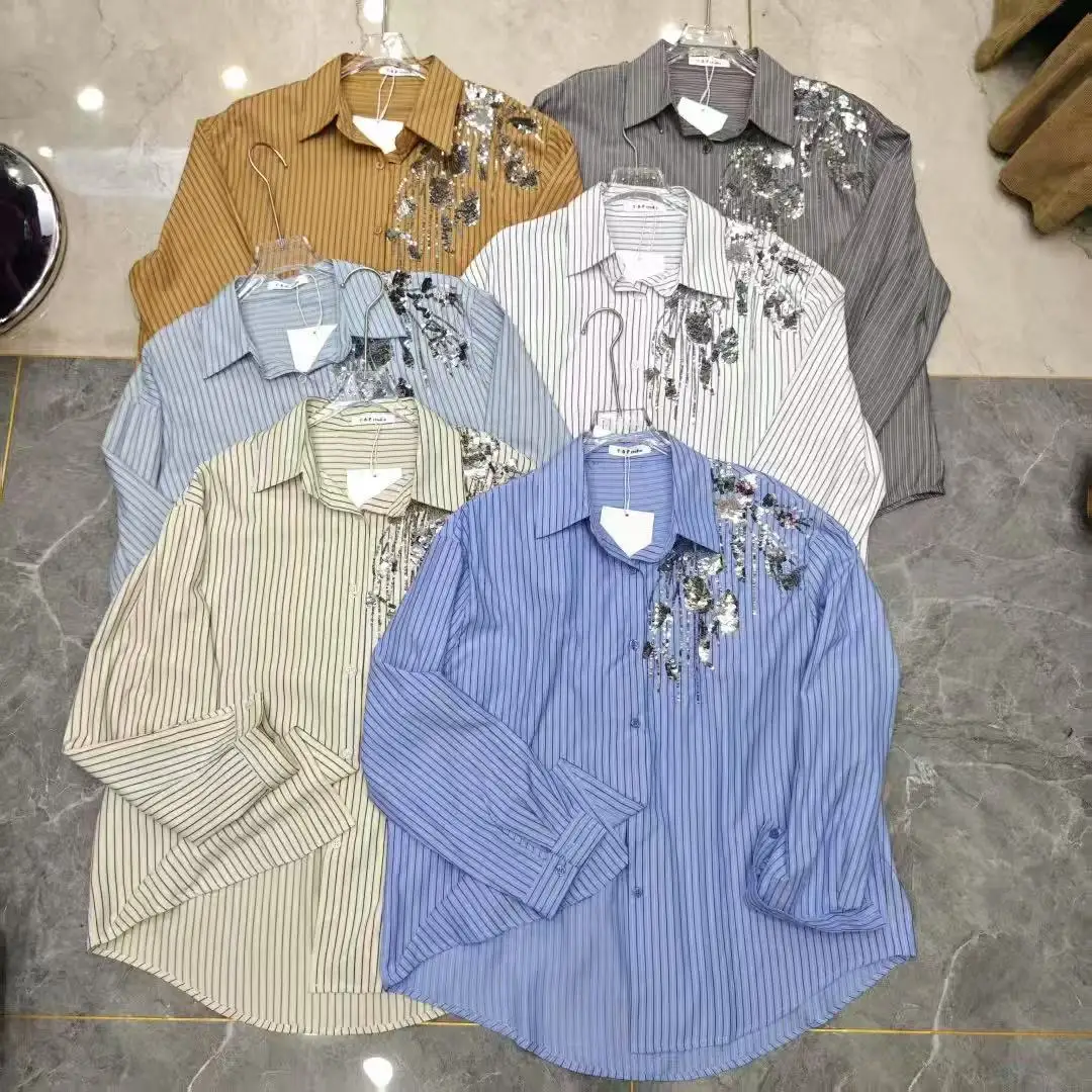 2025年秋新作 スパンコール刺繍シャツ 長袖ストライプブラウス レディース トレンド ルーズカジュアルトップス 女性服
