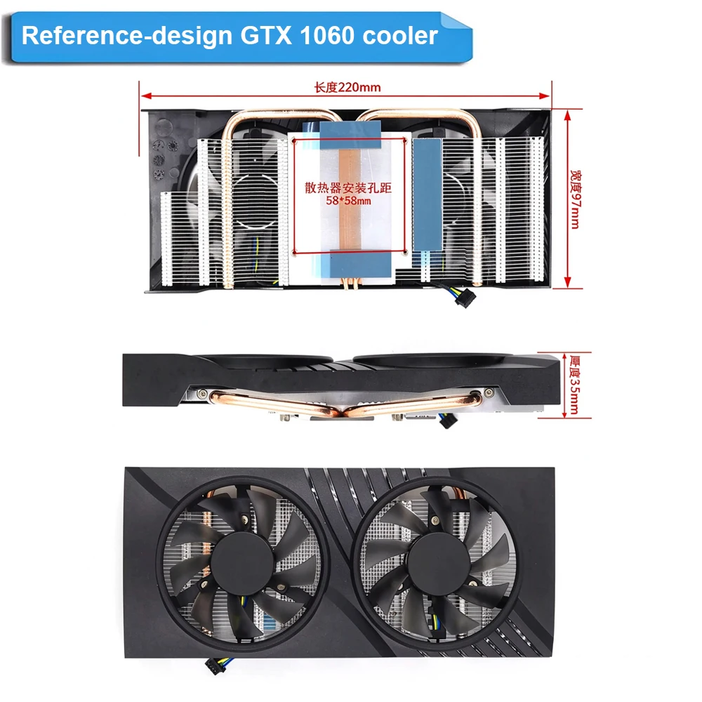 For GTX 1060 Graphics Card GPU Cooler Heatsink Dual Fan 2 Heat Pipes Reference Design VGA Cooling Radiator Replacement Assembly
