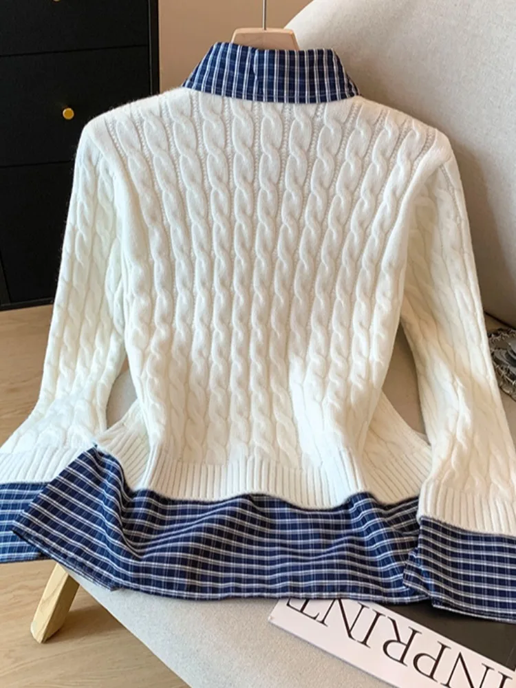   Cardigan tricoté à col ouvert pour femme, pull doux, automne-hiver, épissage à carreaux, auto-Kee Sle, Version coréenne