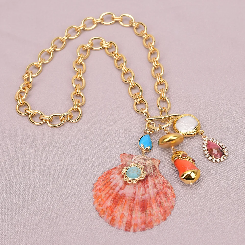 

GG Natural Coral Turquoise White Keshi Pearl Orange Sector Shell Pendant Metal Chain Necklace 20inch