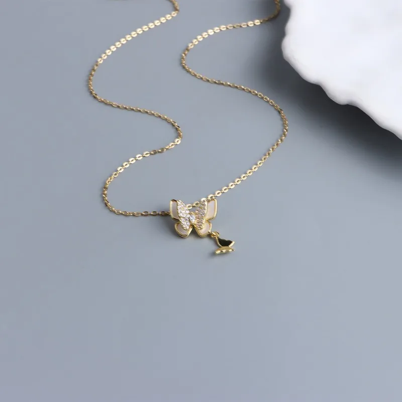 Minar French Shiny CZ Cubic Zircon Double Layered Butterfly Wings Pendant Necklaces for Women 14K Real Gold Plated Copper Choker
