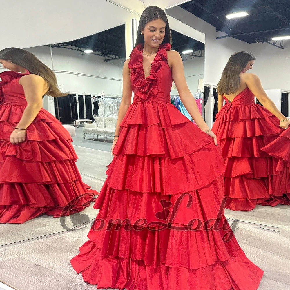 

Comelody Fashionable Halter Prom Dresses for Women Saudi Arabia Tiered Backless Pleat Sweep Train Robes De Soiree Custom Made