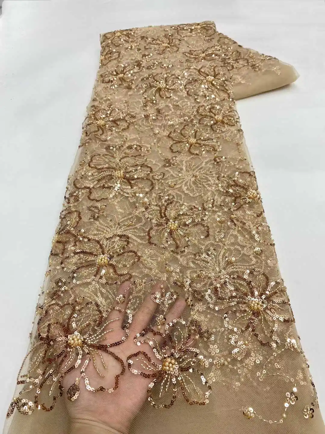 

Gold Luxury African Groom Sequins Lace Fabric 2026 5 Yards Beautiful French Tulle Lace Fabric Nigerian for Party Wedding Dresses