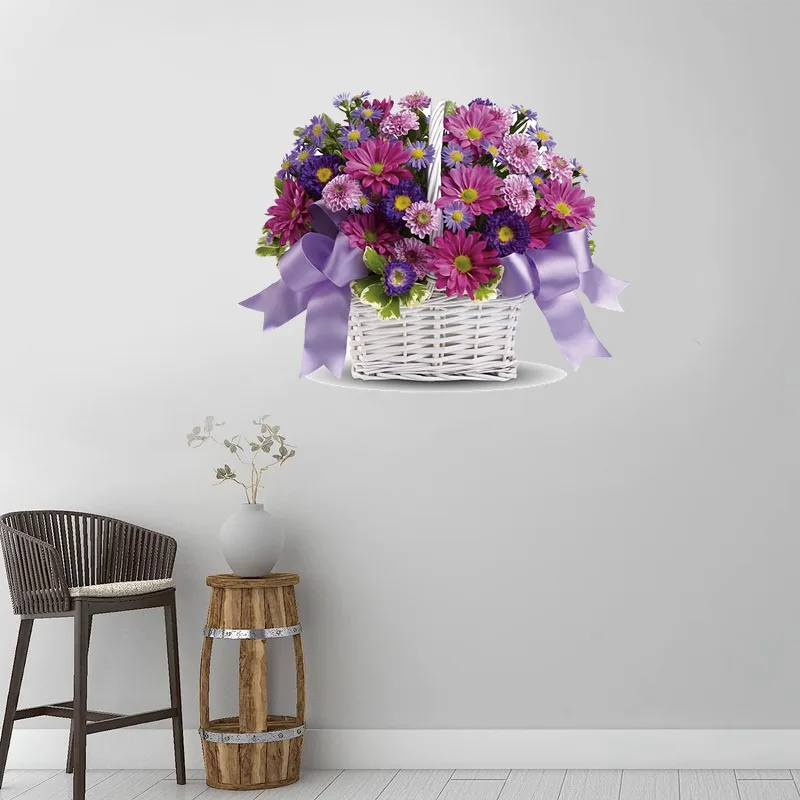 Tri koshki RC003 A basket of Colorful Flowers Wall Sticker Waterproof PVC Decoration Door Living Room Refrigerator