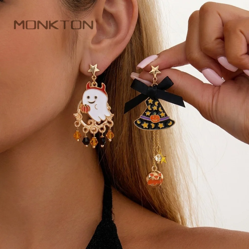 Monkton Halloween Mismatched Dangle Earrings Enamel Ghost Witch Hat Pumpkin Tassel Drop Earrings Cute Party Jewelry for Women
