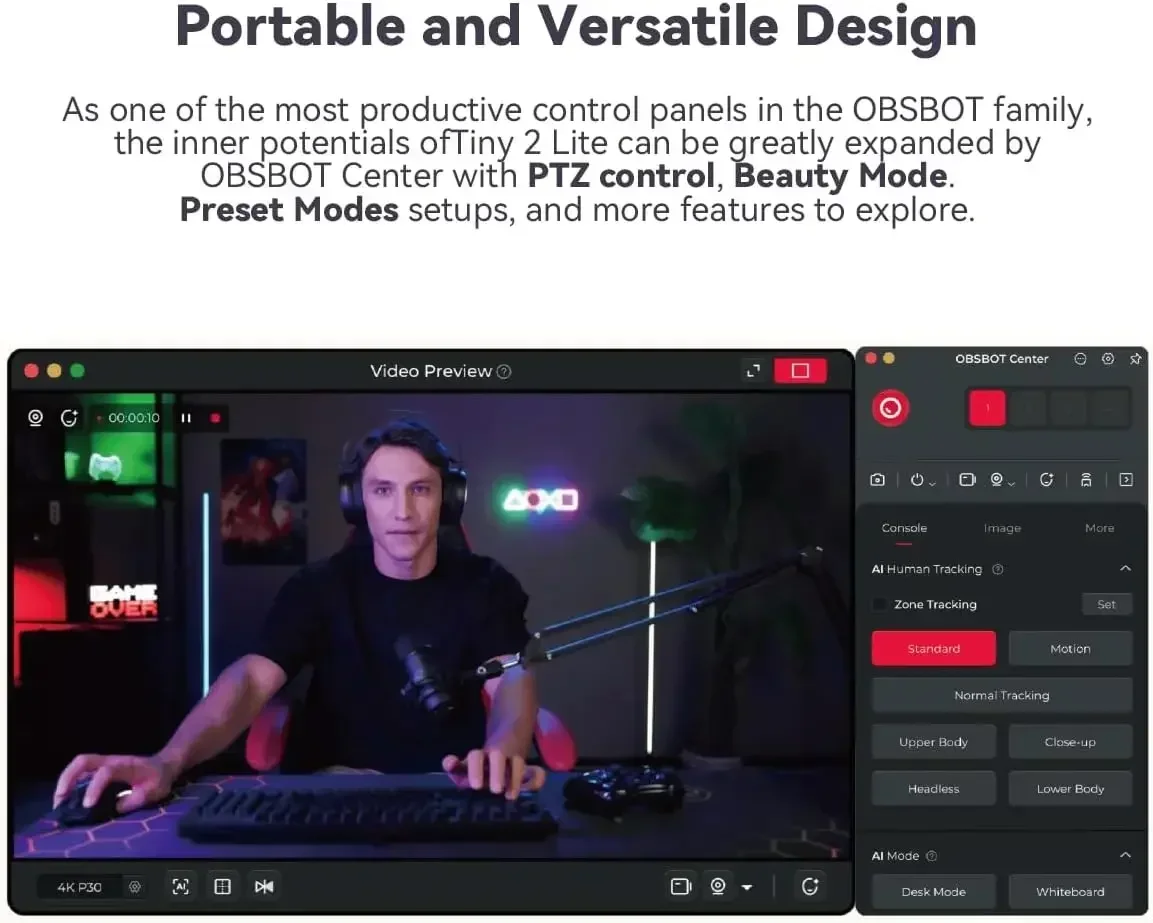 OBSBOT Tiny 2 Lite 4K Webcam for PC AI Tracking PTZ Streaming Camera with 1/2 Sensor 60 FPS HDR Microphones Web Camera