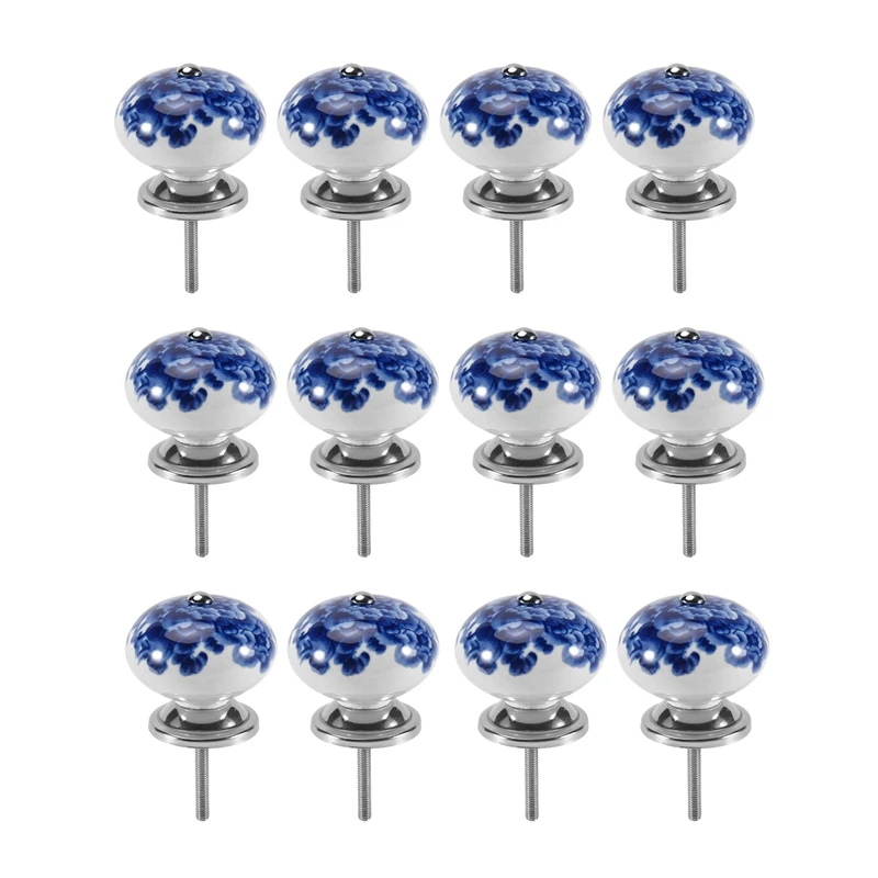 12Pcs Handmade Ceramic Door Knobs For Cupboards Cabinet Knobs Blue On White Wardrobe Door Handles Comes With Screw Cap