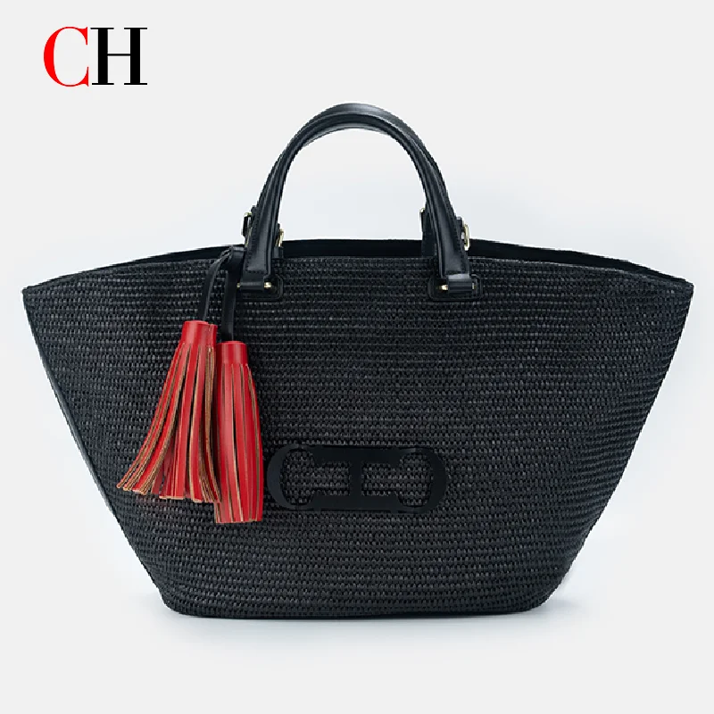 CH Women Large Capacity Woven Straw Tote Bag Tassel Top Handle Handbag Summer Beach Vacation Travel Shopping Shoulder Bag