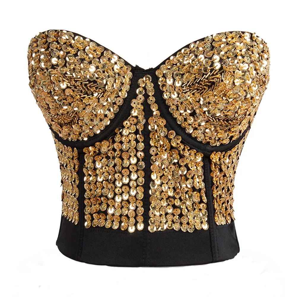 

Sexy Bright Beading Sequins Nightclub Push Up Bralette Bra Cropped To Wear Out Corset Tops Female Crop Top Mujer Clothes