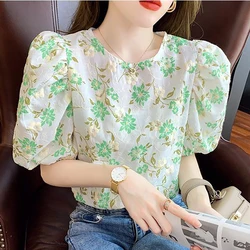 Fashion O-Neck Printed puff sleeve Floral Blouses Female Clothing 2024 Summer Loose All-match Tops sweet short Sleeve Shirts