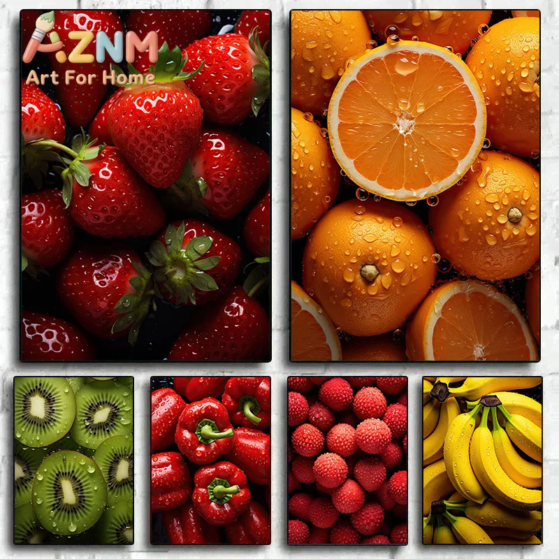 Fresh Fruit Strawberry Orange Peach Apple Banana Poster Modern Food Canvas Paintings Wall Art Picture Kitchen Home Decor
