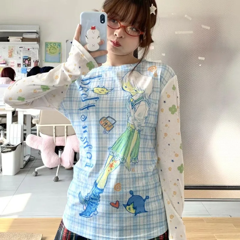 

Women's Dopamine T-shirt Japanese Subculture Anime Print T Shirts Vintage Hottie Patchwork Sleeve Tees Harajuku Slim Tops Female