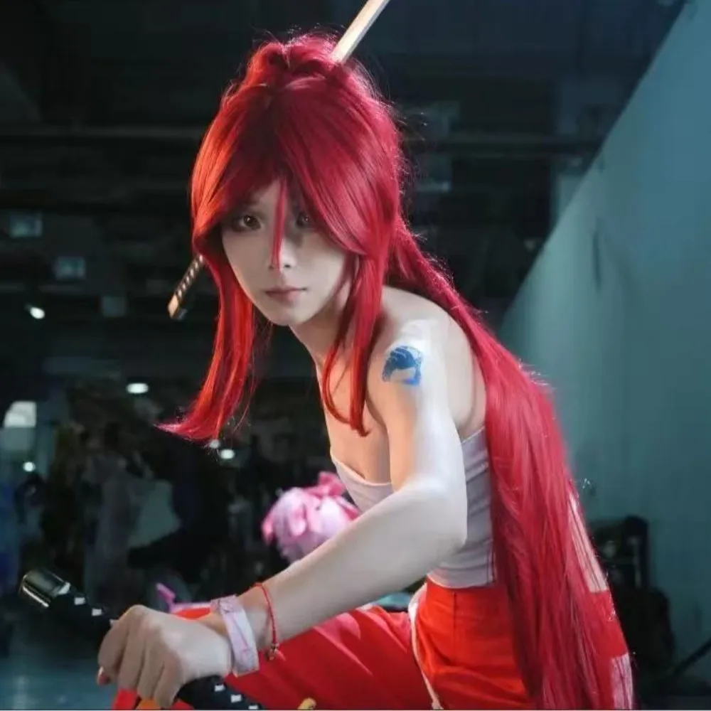 Disfraz de Anime Fairy Tail Erza Scarlet, peluca, tatuaje, pegatina, Tops, pantalones de pierna ancha, traje de fiesta de Carnaval y Halloween para mujer