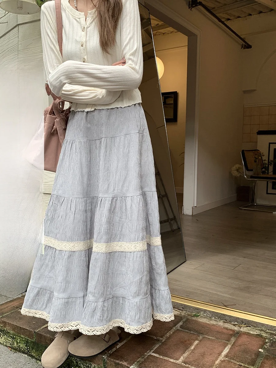 

Hollyii Korean Style High Waist Plaid Skirt Midi Length A-Line Skirt Sweet Girl's Fashion Design Spring New Arrival
