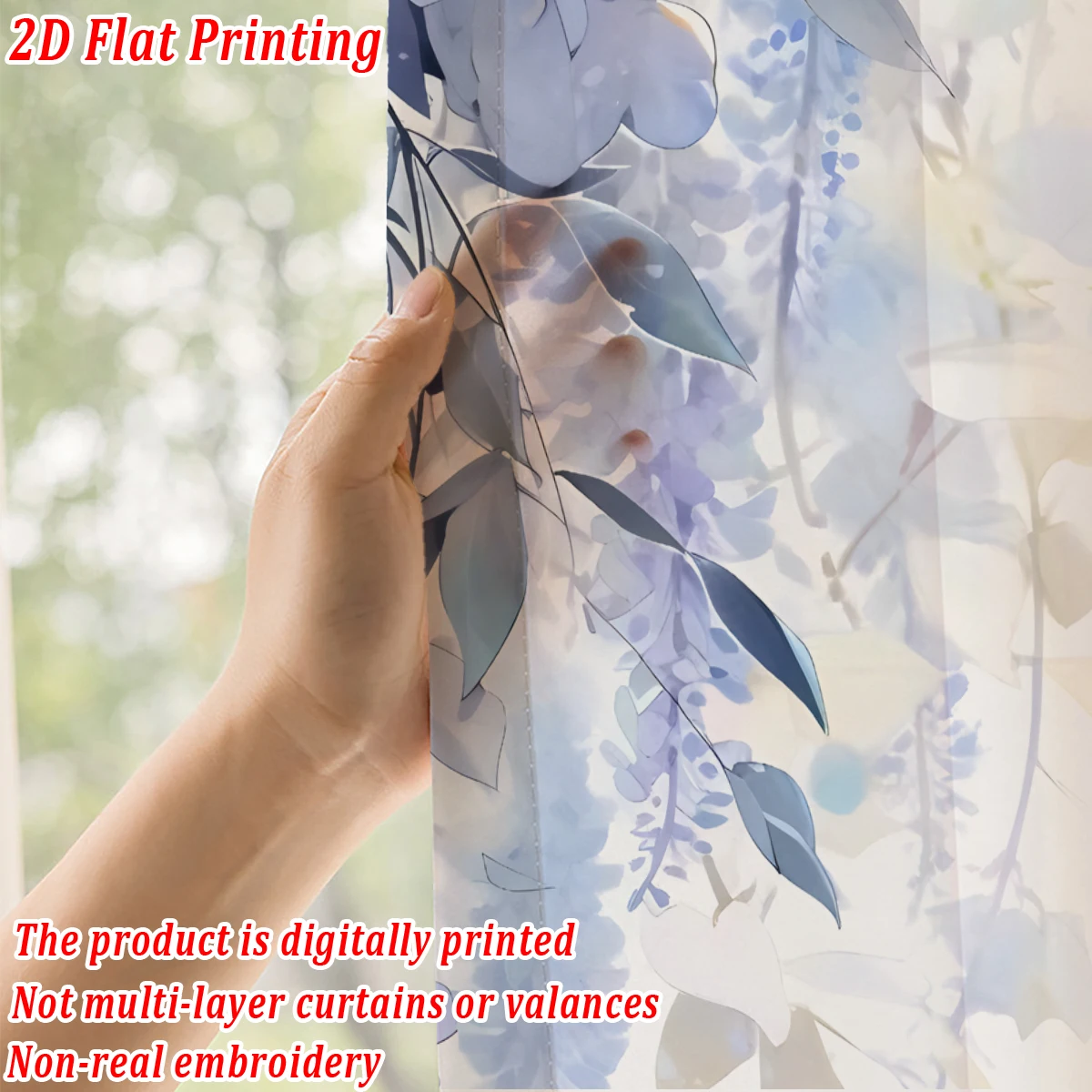 Cortina transparente com impressão plana de flores azuis, tecido leve, para sala de estar, quarto, porta de casa e decoração de janela