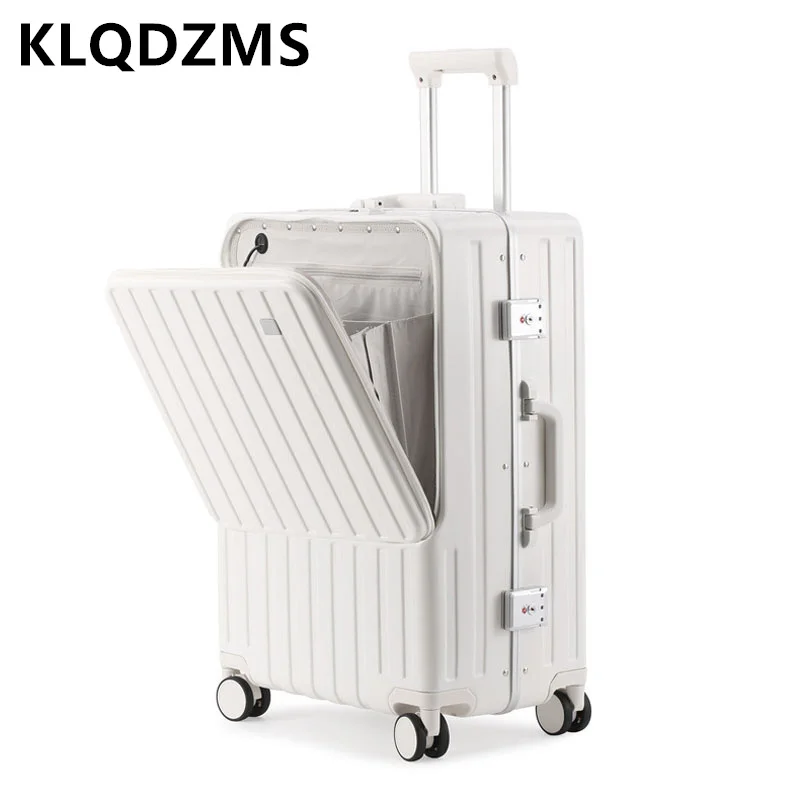 KLQDZMS Cabin Luggage Front Opening Laptop Trolley Case Aluminum Frame Boarding Case Trolley Travel Bag USB Charging Suitcase