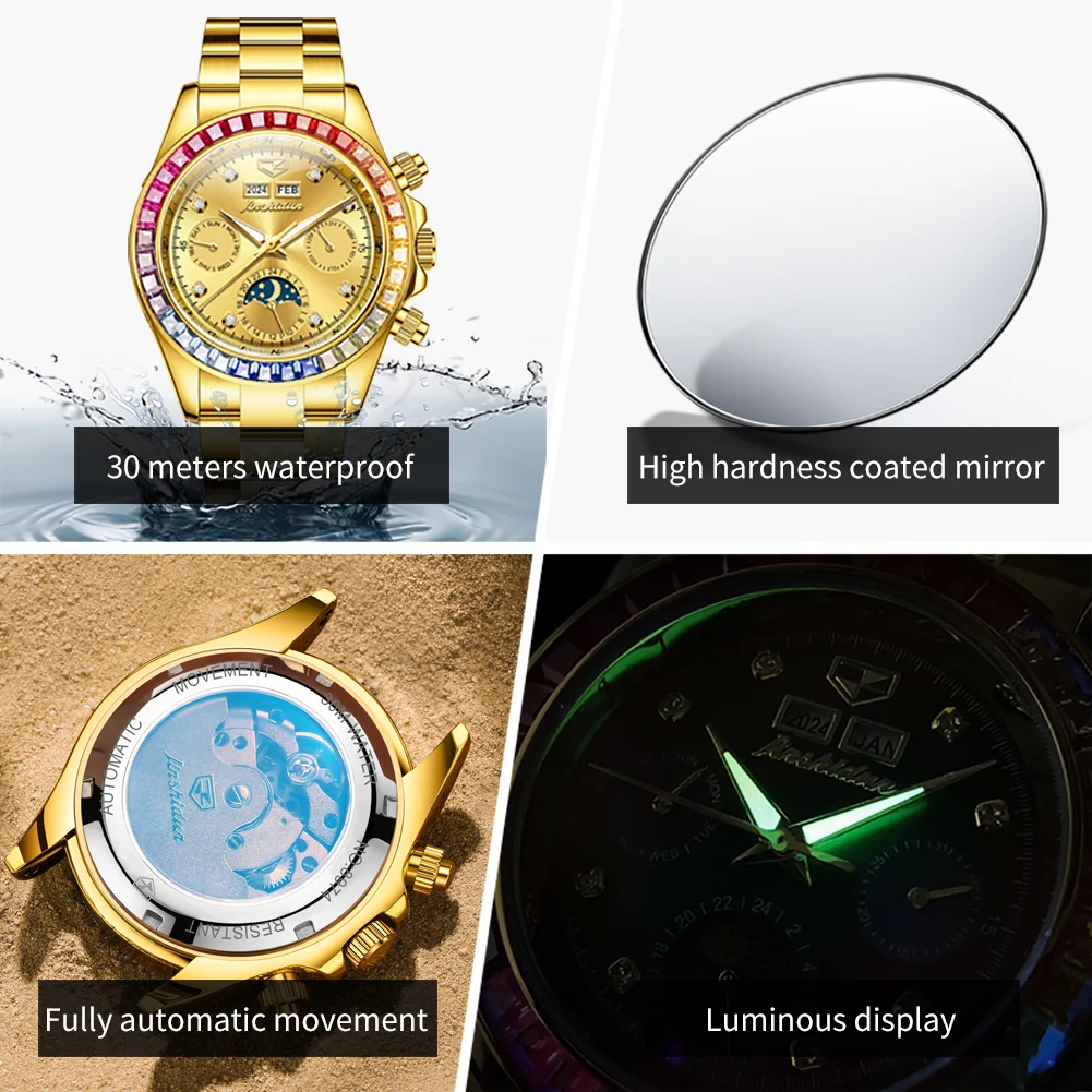 JSDUN 8974 ساعة رجالية ماركة فاخرة ساعة ميكانيكية أوتوماتيكية بالكامل قوس قزح الأحجار الكريمة الحافة مقاوم للماء ساعة رياضية Reloj Hombre