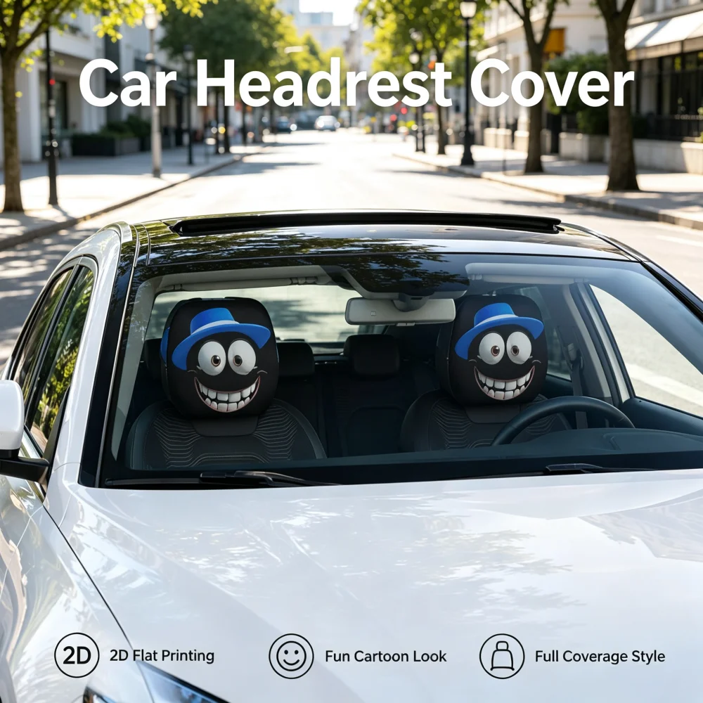 2Pcs Car Headrest Covers with Laughing Black Face in Blue Top Hat Print, 2D Flat Printed, High Elastic Breathable, Universal.