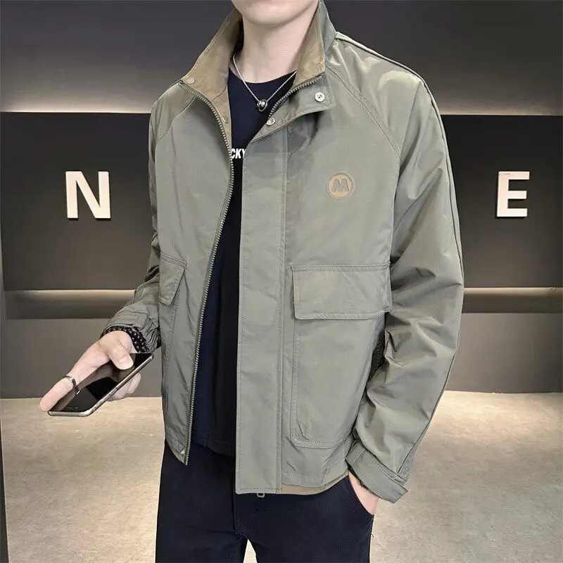 

Spring Autumn New Sle Men's Jaet Thin Stand Collar Trendy Versatile Haome Workwear Outerwear Polyester Fiber Long Sve