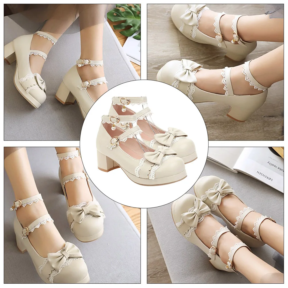 

1 Pair Bow-Knot Round Toe Shoes Student Lolita Flat Fashion Shallow Mouth Chunky Heel Women Jk Uniform Party Wear