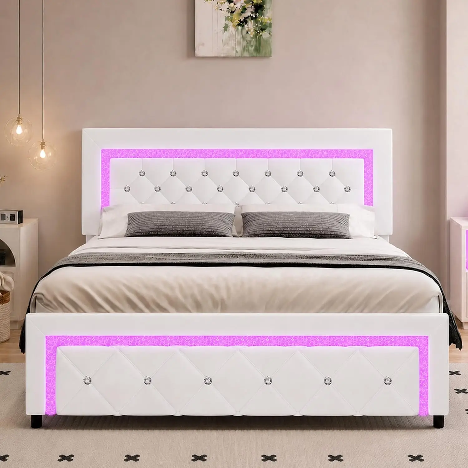 Diamond Tufted Upholstered Bed Frame with LED Lights & Wood Slats, No Box Spring Needed, White, Customized